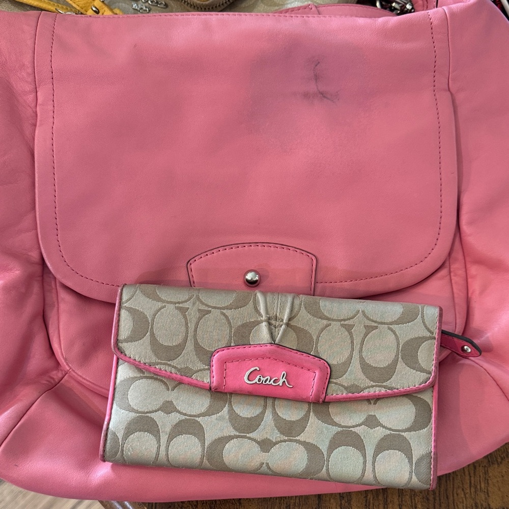 Coach Pink and Beige Signature Shoulder Bag with one lil pen mark outside